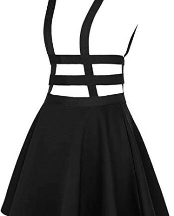 EXCHIC Women's Fashion Solid Elastic Waist Mini Skirt Pleated A-Line Suspender Brace Skirt