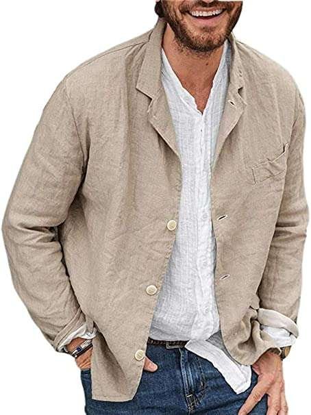 Men's Cotton and Linen Casual Blazer Three Buttons Solid Color Loose Suit Jacket
