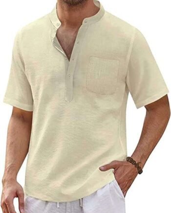 Halfword Cotton Linen Shirts Men Grandad Shirts Henley Tops Short-Sleeve Summer Casual Button Beach White Black Blue