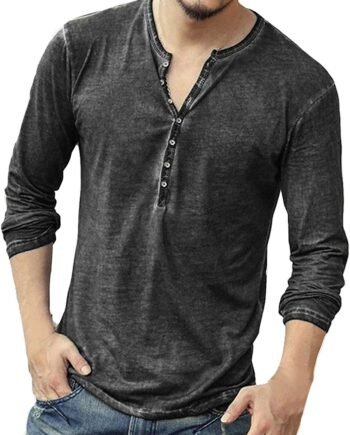 Mens Distressed Henley Shirts Front Placket Retro Long Sleeve Tee Shirts V Neck Casual Button Up Washed T-Shirts