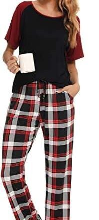 Vlazom Pyjama Sets for Women, Soft Pjs Set Short Sleeve Top and Long Plaid Bottoms Sleepwear with Pockets Drawstring