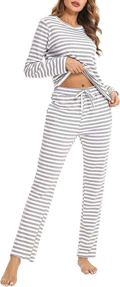Uniexcosm Womens Sleepwear Set Cotton Striped Pyjamas Set Long Sleeve Pajamas for Ladies Soft Loungewear Top & Bottom Pjs Nightwear