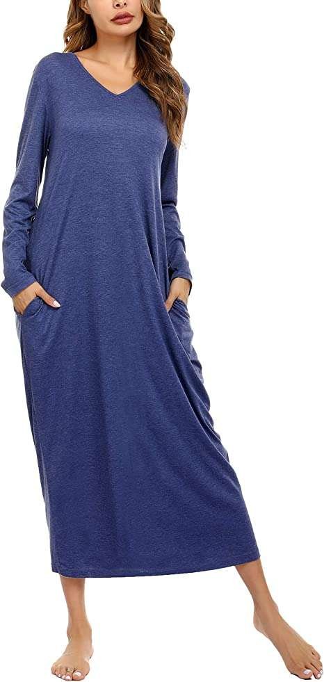 Sykooria Women's Long Nightgown Cotton Baggy Nightdress Plus Size Nightshirt Long Sleeve V Neck Sleep Dress Casual Sleepwear with Pockets
