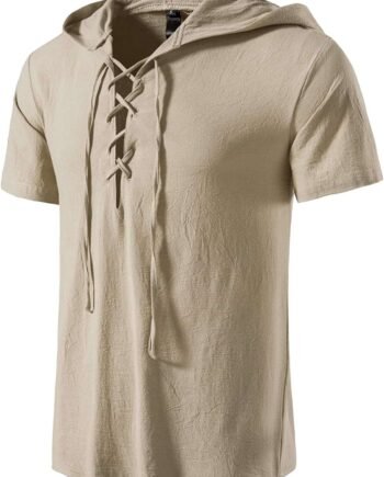 LucMatton Men's Cotton Traditional Retro Style Lace up Short Sleeve Shirts for Medieval,Viking,Hippie Matching