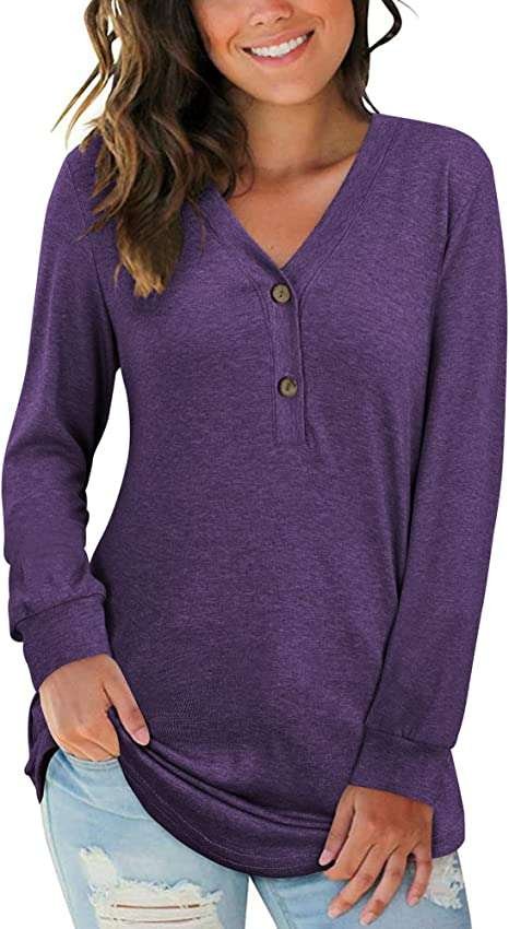 AUSELILY Women's Long Sleeve V-Neck Button Tops Henley Blouse Causal Loose T Shirt