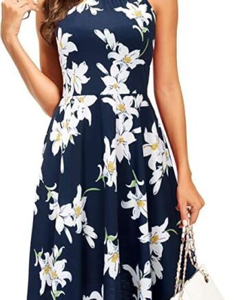 OUGES Women's Sleeveless Halter Neck Summer Dress Casual Cotton Sundress