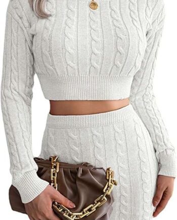 ZFUNKQ Knit Sets for Women 2 Piece Outfit Long Sleeve Solid Color Ribbed Knit Crop Tops and Bodycon Mini Skirt Sweater Sets