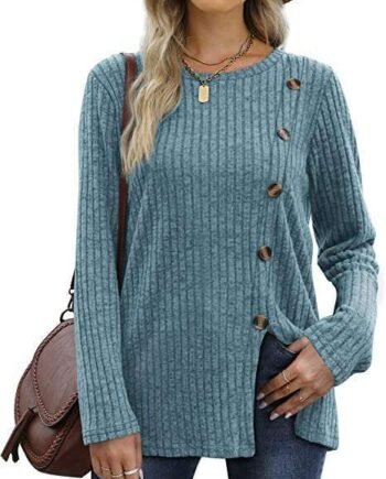 Womens Long Sleeve Tops Ladies Lightweight Jumpers Button Front Slit Tunic