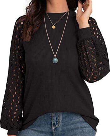 IWOLLENCE Women’s Long Sleeve Tops Jumpers Lace Raglan Sleeve Waffle Knit Crew Neck Blouse Casual Loose T Shirts