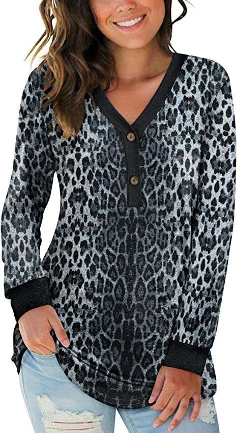 AUSELILY Women's Long Sleeve V-Neck Button Tops Henley Blouse Causal Loose T Shirt