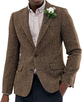 HSLS Men's Suit Tweed Blazer Wool Single Breasted Thin Herringbone Sports Jacket Coat