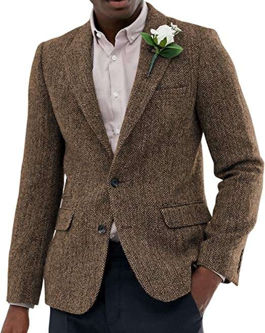 HSLS Men's Suit Tweed Blazer Wool Single Breasted Thin Herringbone Sports Jacket Coat